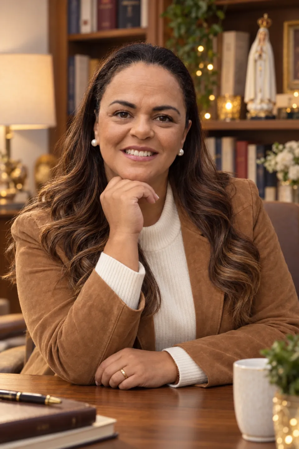 Danusa sorrindo, sentada à mesa diante de uma estante com livros e uma imagem de Nossa Senhora de Fátima